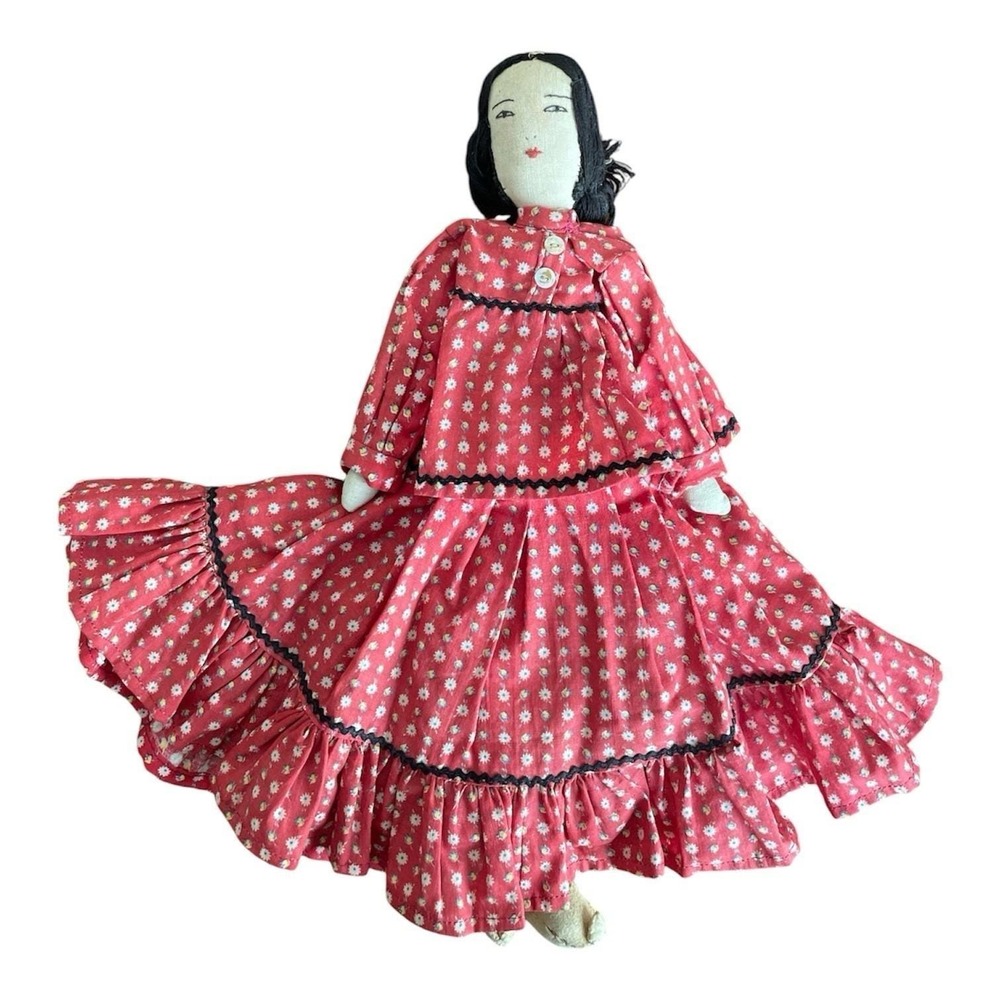 Handmade Navajo Cloth Doll 12" Tall Young Women with Beaded Hair Ornament 1950s